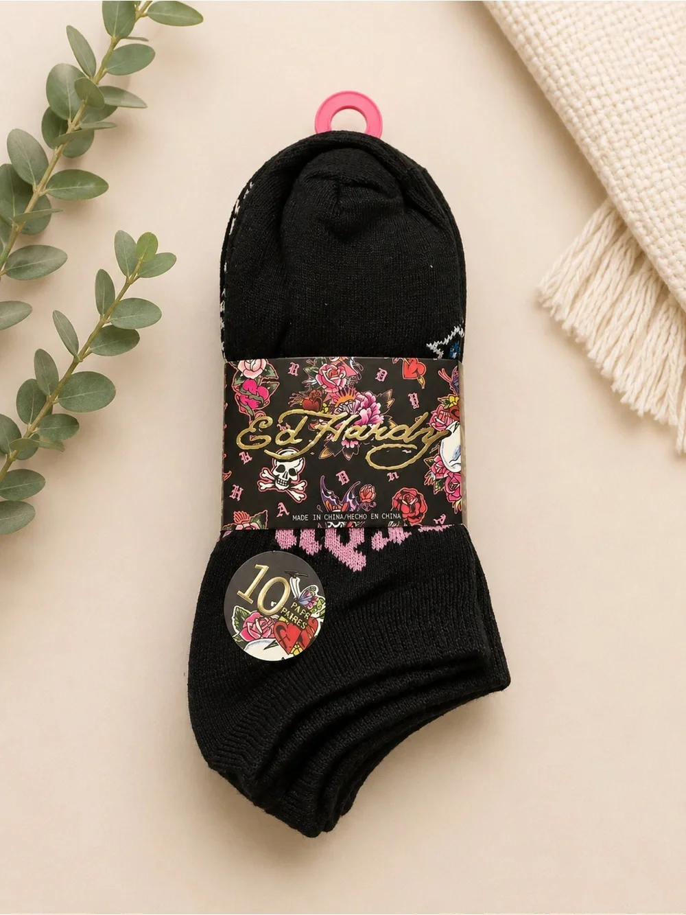 Ed Hardy 10 Pairs Black Low Cut Socks with Blue and Red Cross Motif